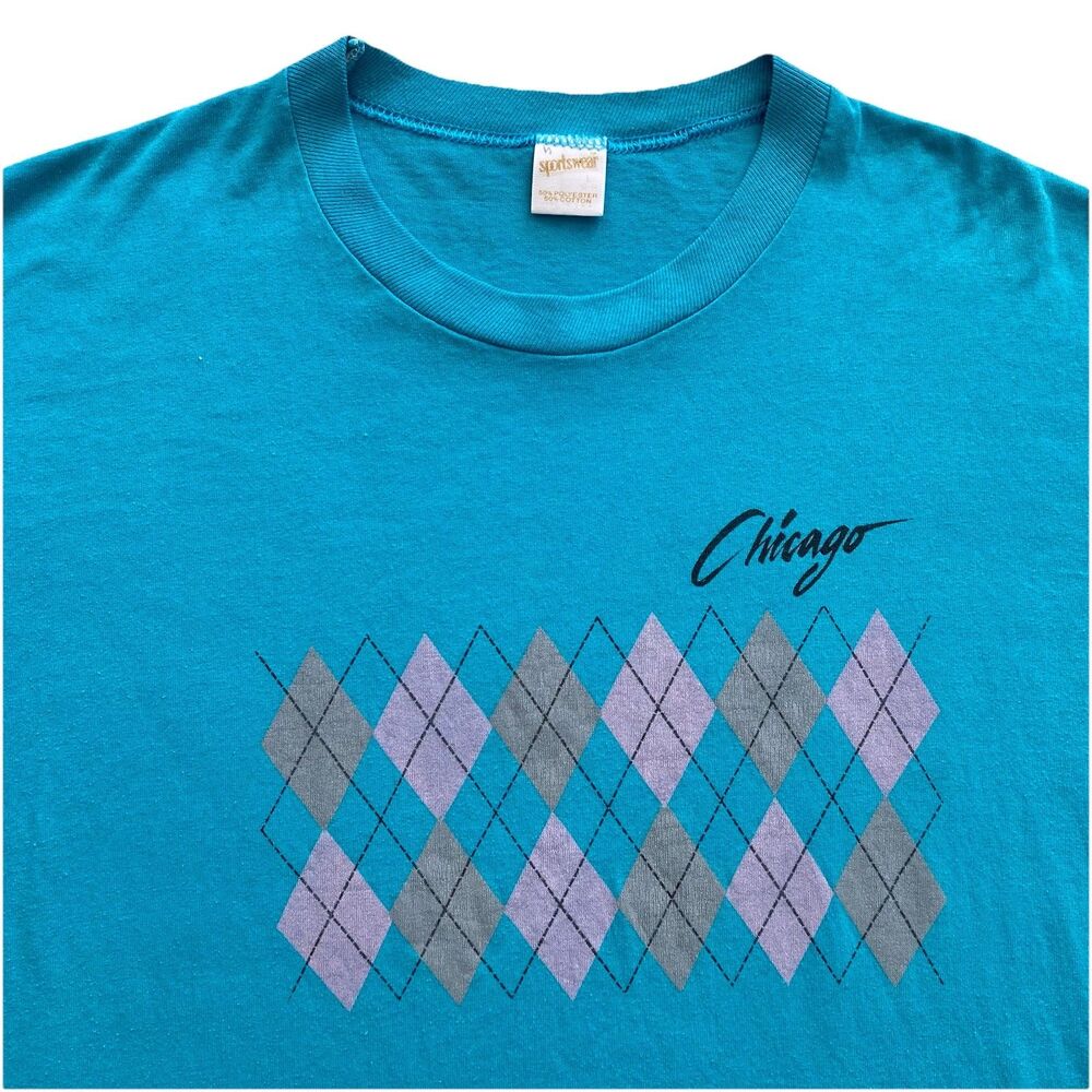80s Chicago Argyle T Shirt Vintage Large Sportswear Blue Pink Pattern Indie Emo